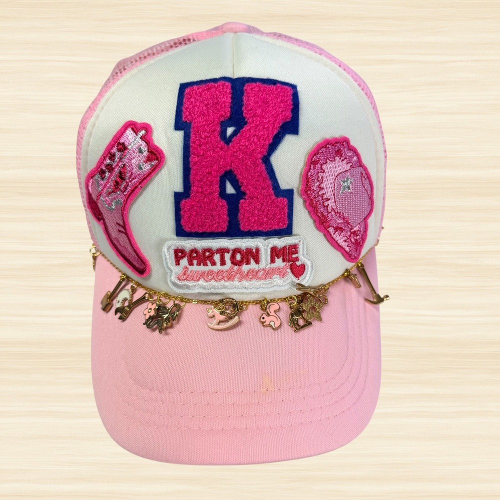 Pink Western Trucker Hat Parton Me Sweetheart K Patch Charm Chain Cowgirl Cap